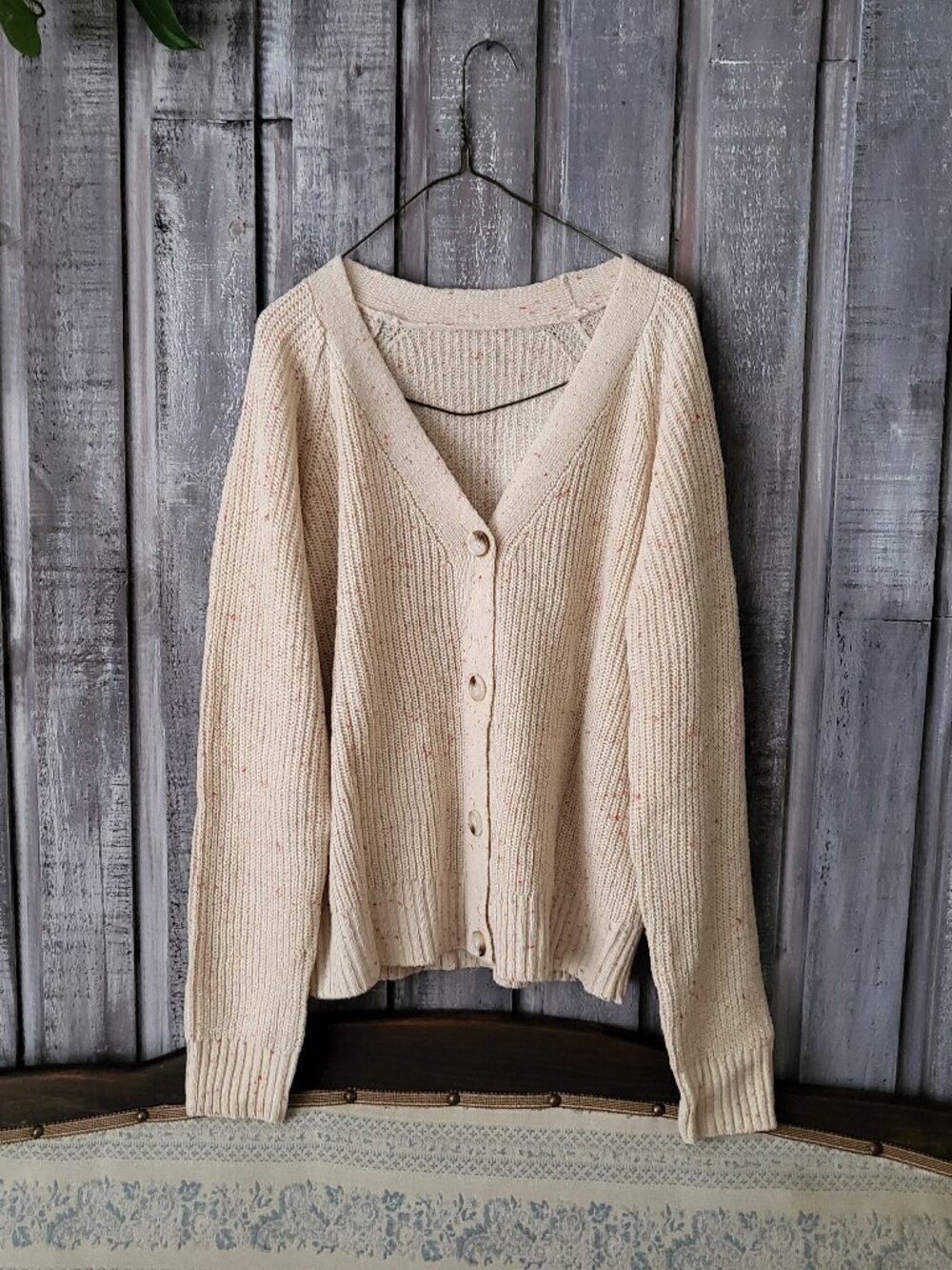 Medium Beige Tweed Confetti Knit Button Up V-Neck Cardigan Sweater